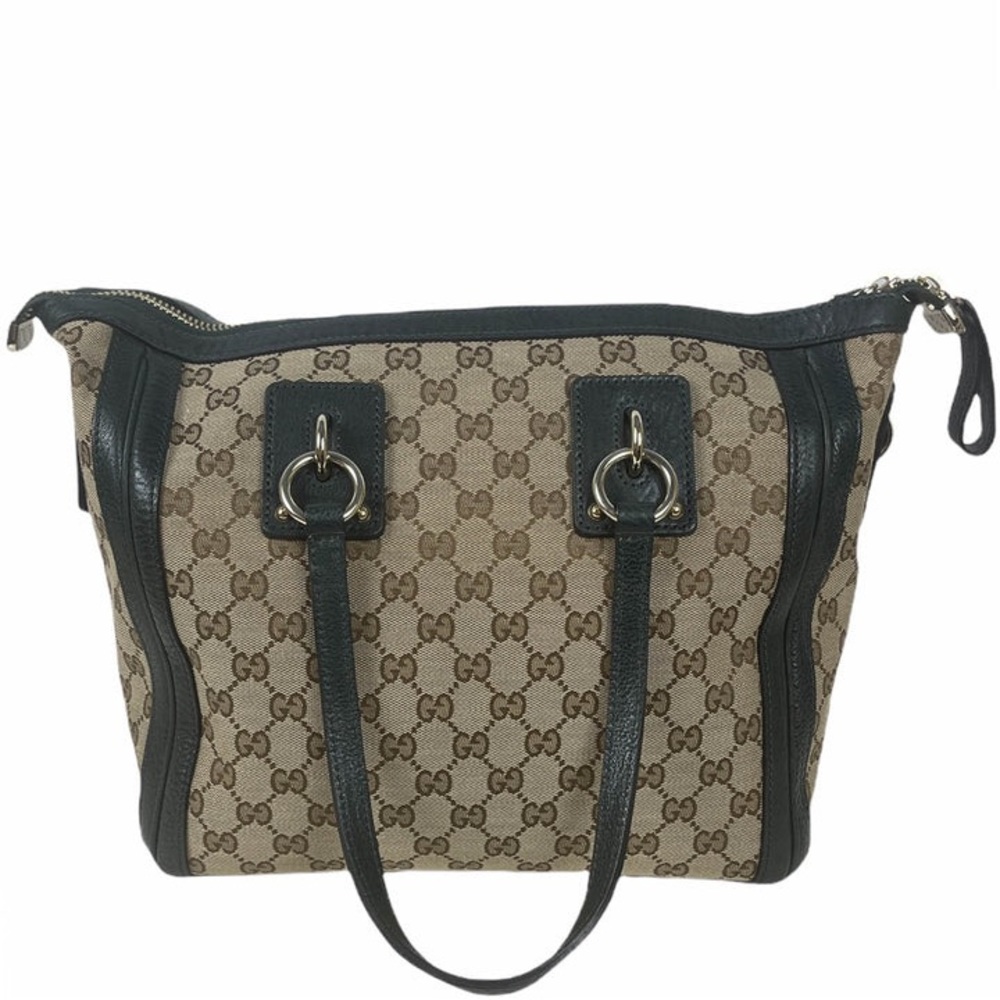 GUCCI MONOGRAM & GREEN LEATHER MEDIUM CHARM TOTE BAG.